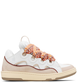 White & Beige Curb Leather Sneakers - Lanvin