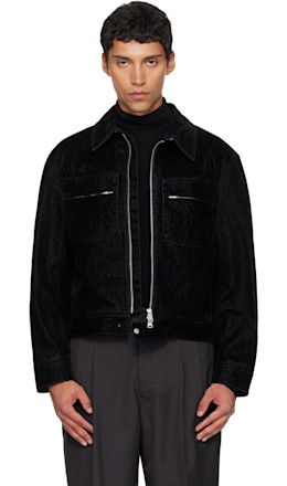 Black Double Pocket Trimming Collar Velvet Denim Jacket - COOR