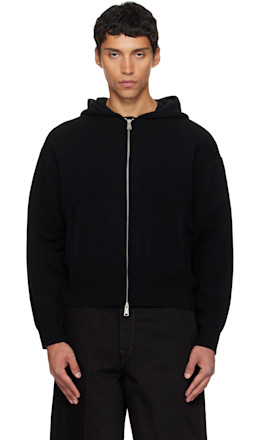 Black Double Face Wool Blend Zip-Up Hoodie - COOR