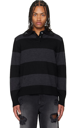 Gray & Black Embellished Fuzzy Collar Rugby Polo