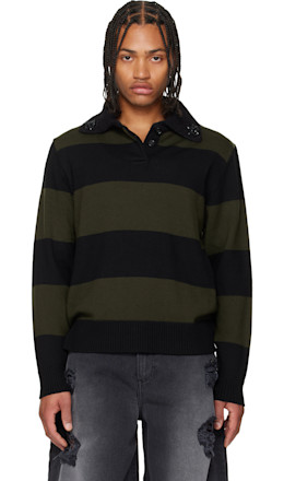 Khaki & Black Embellished Fuzzy Collar Rugby Polo
