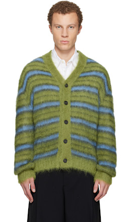 Green & Blue Fuzzy Wuzzy Stripe V-Neck Cardigan
