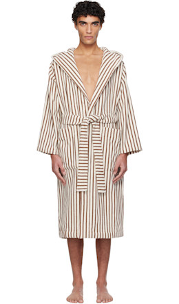 Off-White & Brown Terry Hooded Bathrobe