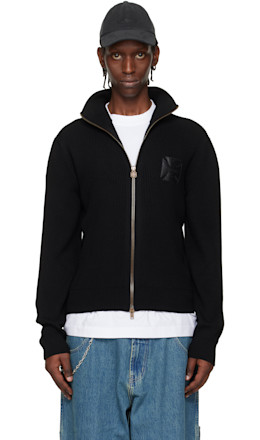 Black Leather Cross Zip-Up Sweater