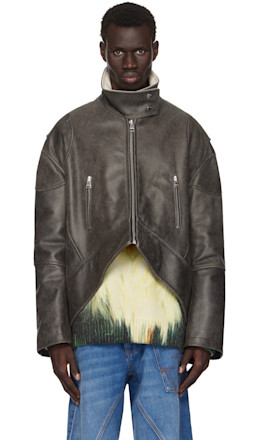 Gray Curved Hem High Neck Leather Jacket - JW Anderson