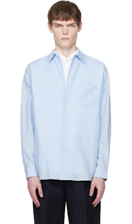 Blue Cotton Silk Oversized Regular Collar Shirt - ssstein
