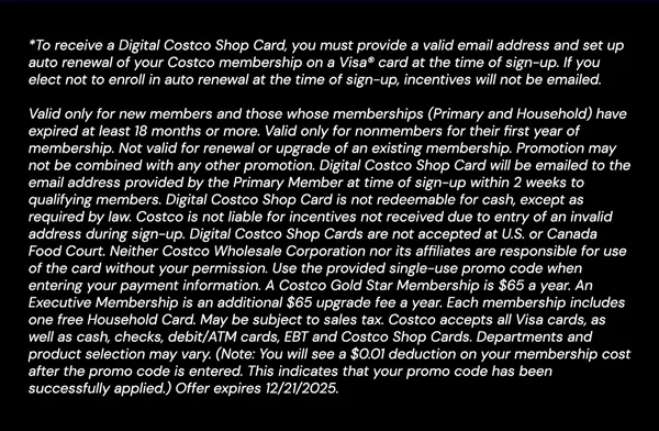 Digital Costco Shop Card Disclaimer | Terms and Conditions Apply - See Website for Details