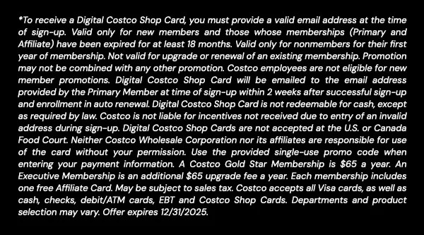 Digital Costco Shop Card Disclaimer | Terms and Conditions Apply - See Website for Details