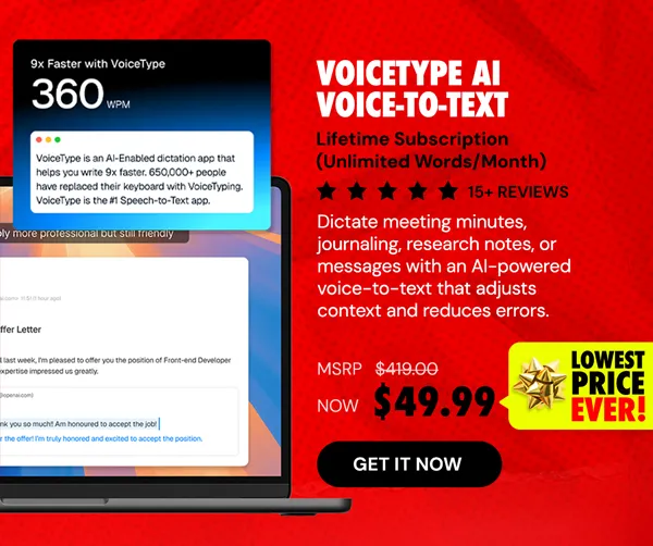 VoiceType AI Voice-to-Text: Lifetime Subscription (Unlimited Words/Month)