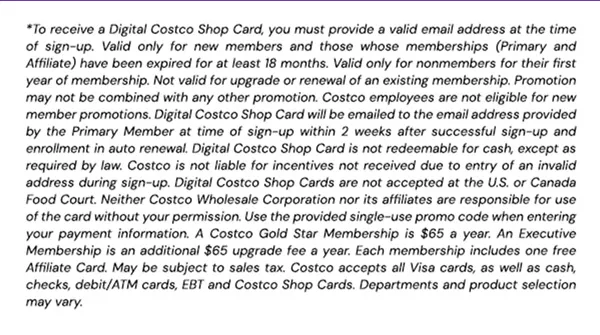 Digital Costco Shop Card Disclaimer | Terms and Conditions Apply - See Website for Details
