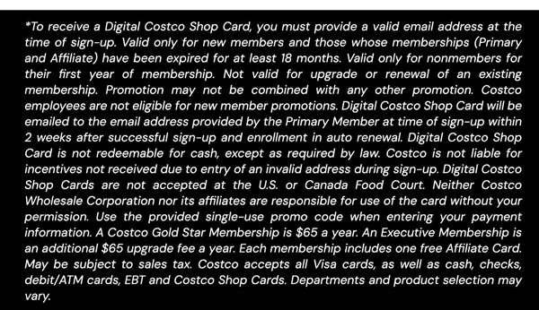 Digital Costco Shop Card Disclaimer | Terms & Conditions Apply - See Website For Details