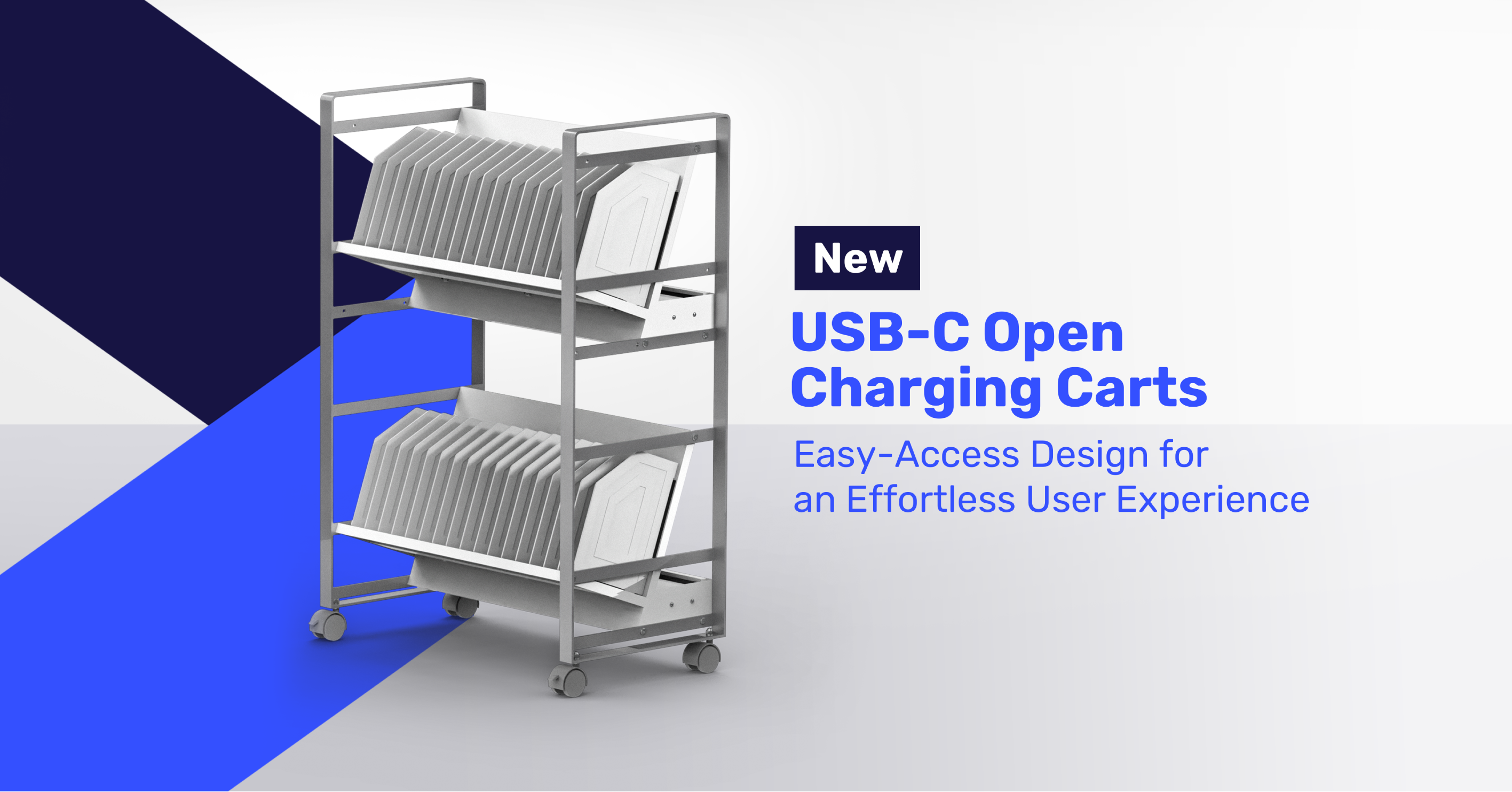 USB-C open charging cart with shelves holding devices. Text: 'New USB-C Open Charging Carts – Easy-Access Design