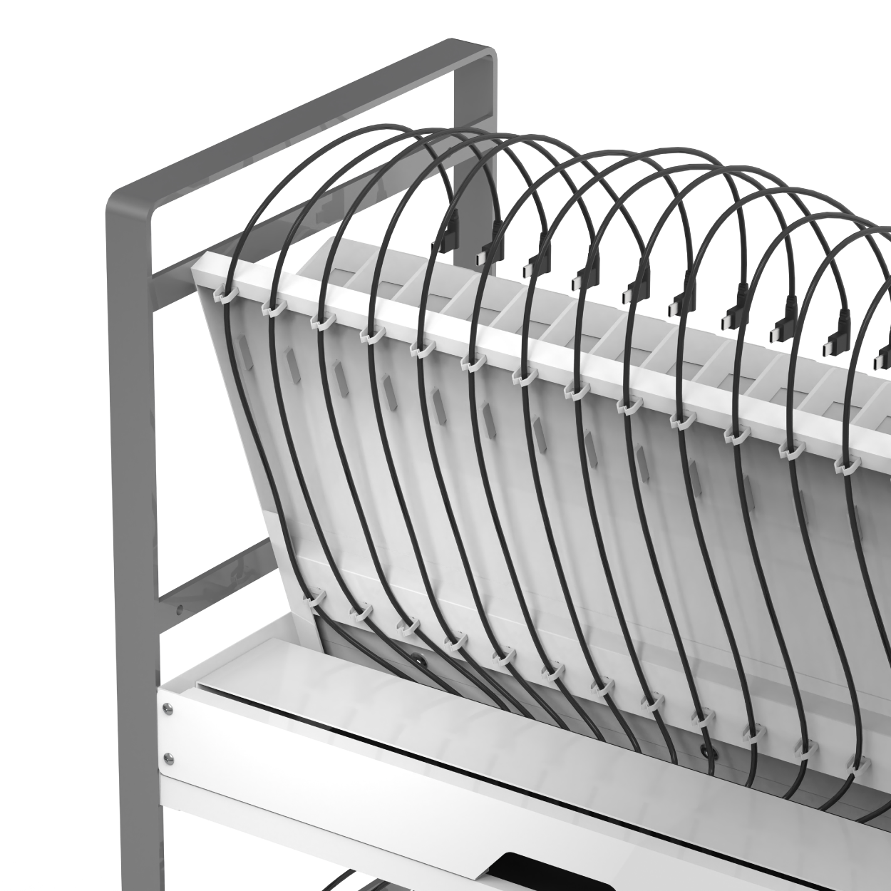 Close-up of charging cart wheels, highlighting smooth-rolling casters and lightweight, portable design.