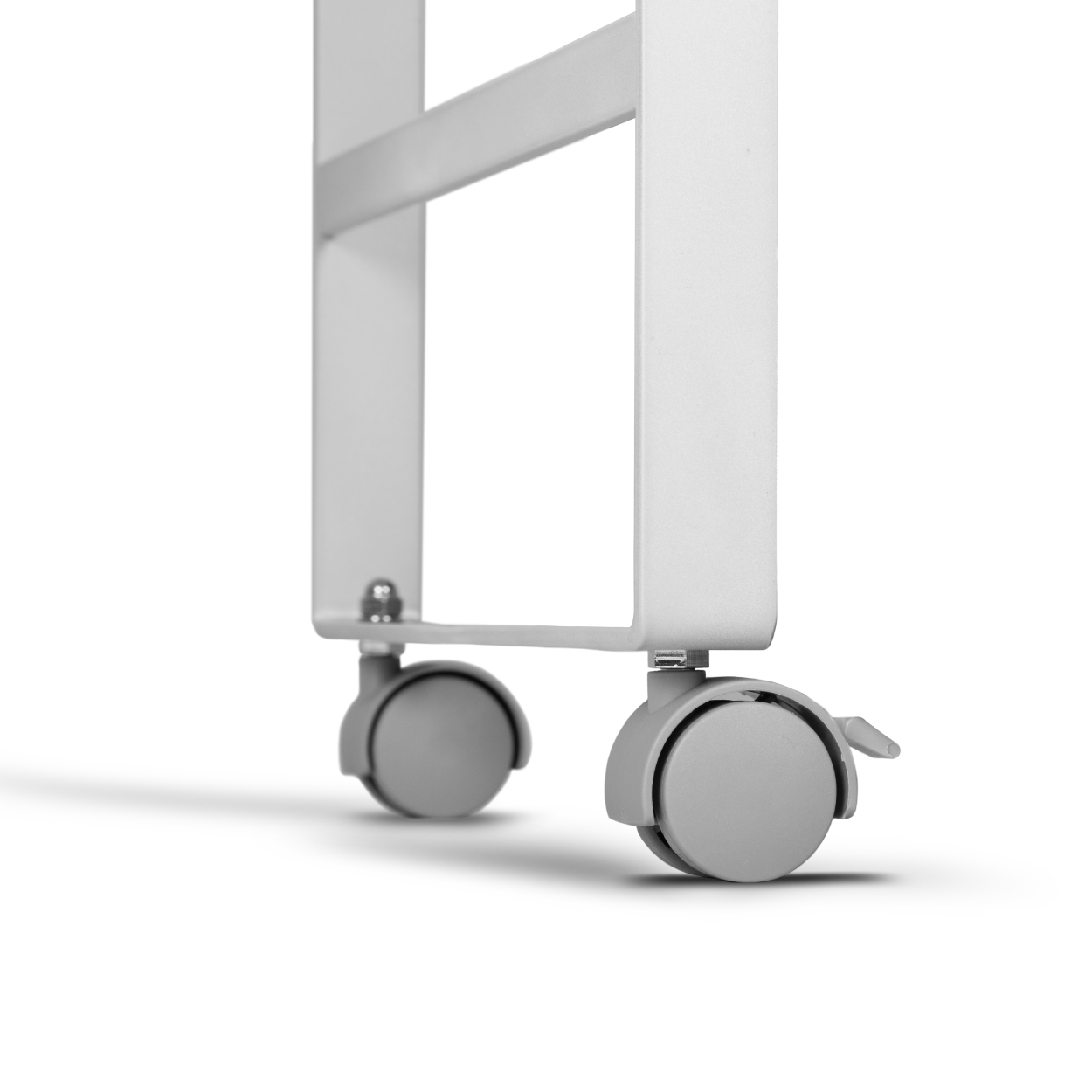 Close-up of charging cart wheels, highlighting smooth-rolling casters and lightweight, portable design.