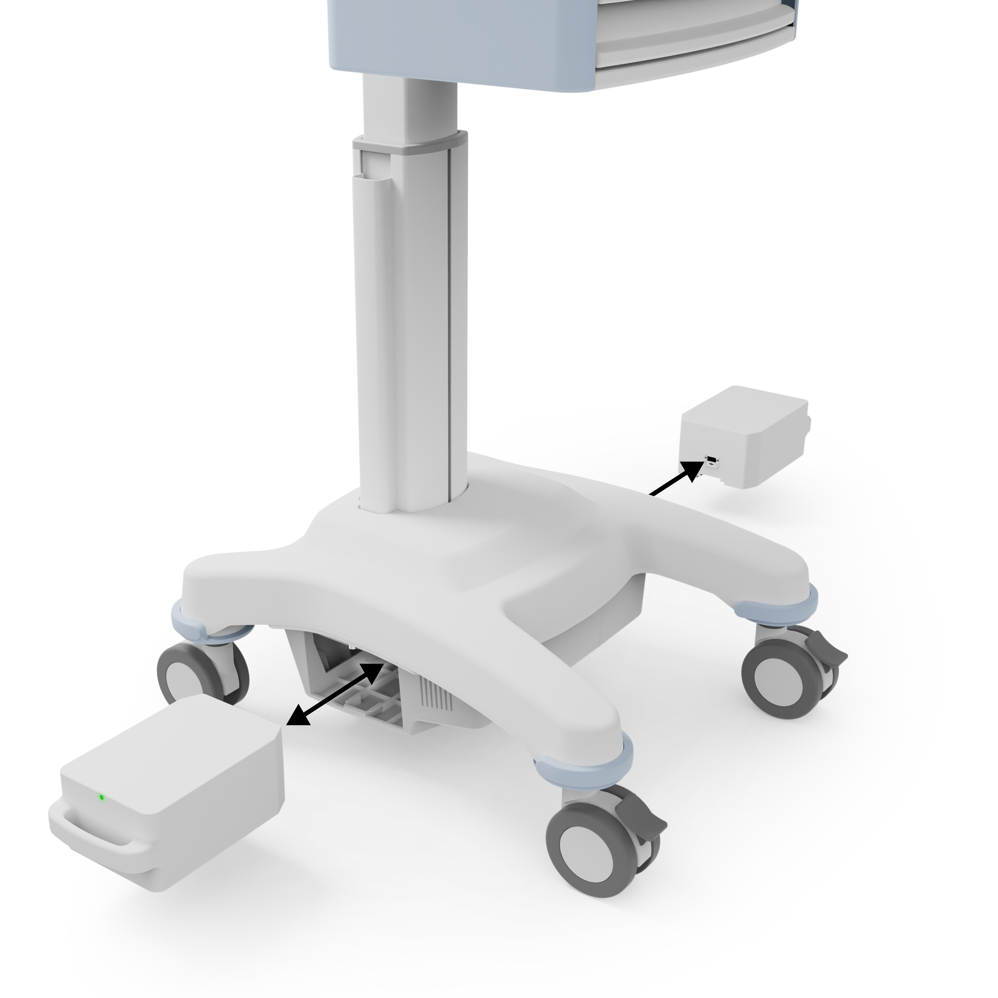 Close-up of charging cart wheels, highlighting smooth-rolling casters and lightweight, portable design.
