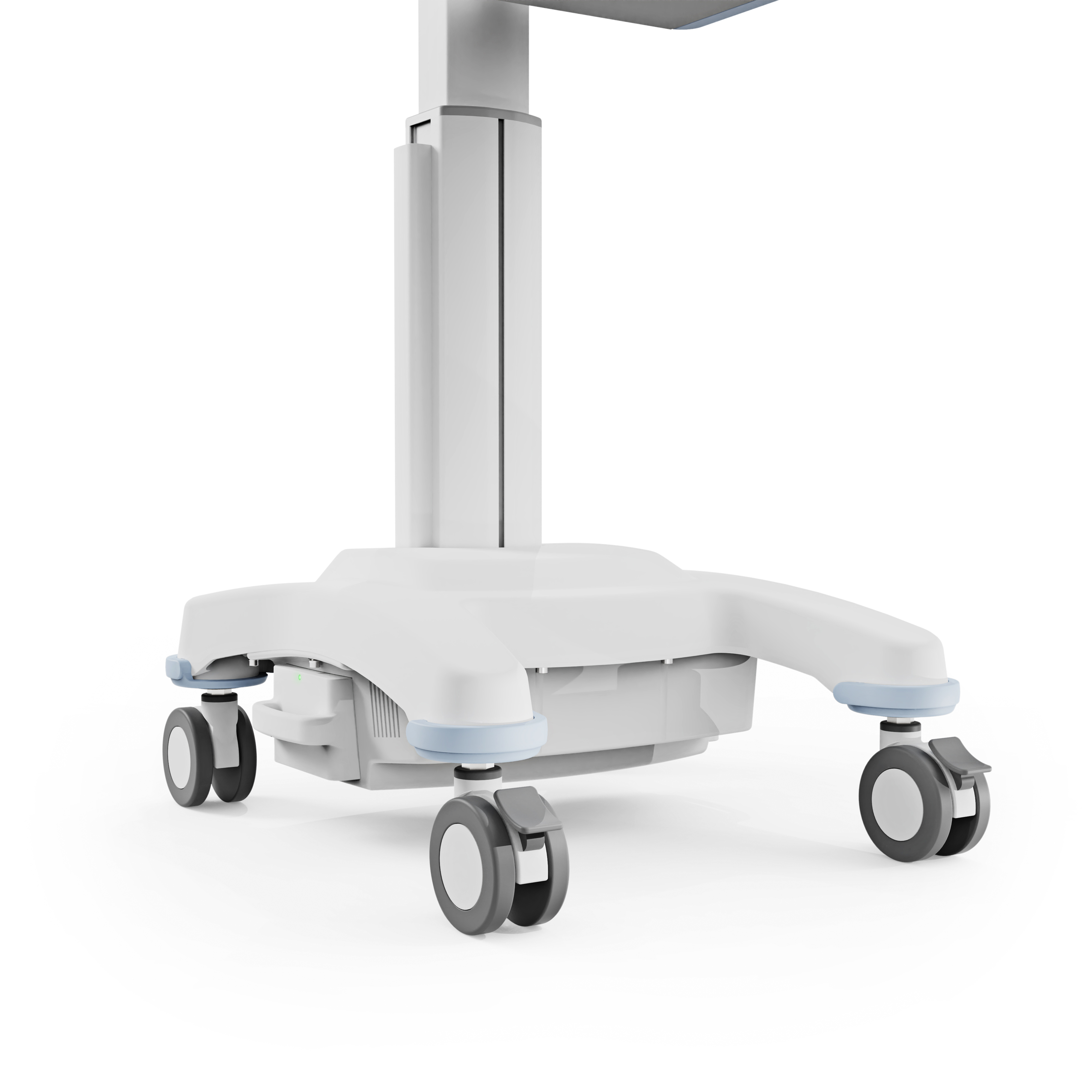 Interior view of charging cart with sloped padded shelves and removable dividers for customizable, secure device storage.