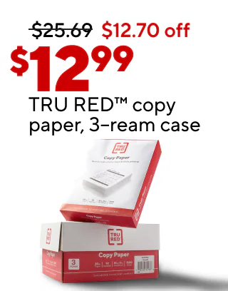 $34.99 Hammermill® Copy Plus® paper, 10-ream case with code 37273As low as $9.99 select K-Cup® pods, 22–24/pk$12.99 TRU RED™ copy paper, 3-ream case$29.99 Staples® multiuse paper, 8-ream case with code 96580$99.99 Staples® Hyken™ chair