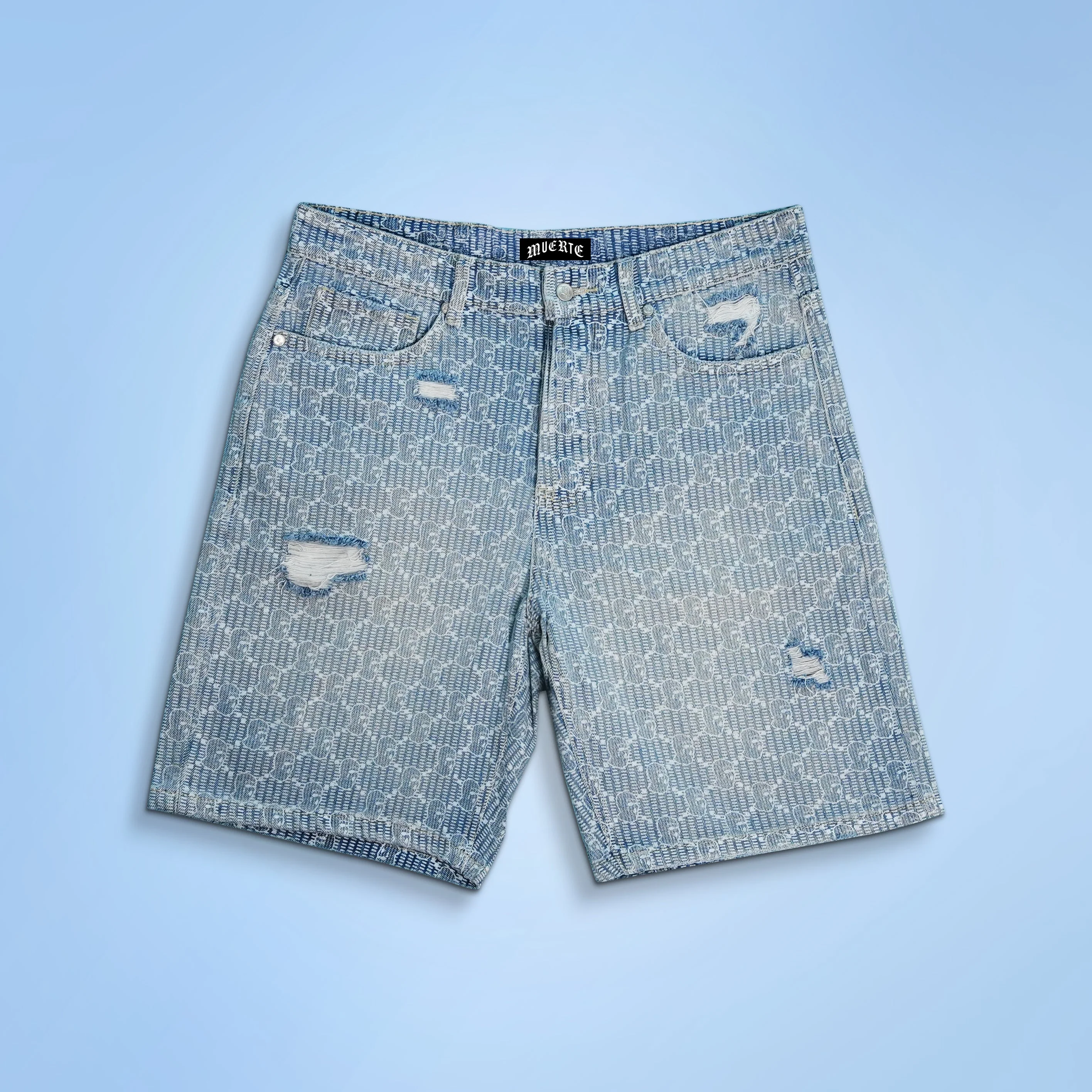 Image of Ski Mask Pattern Distressed Denim Shorts