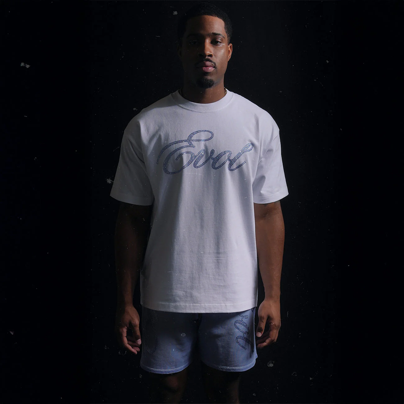 Image of EVOL BLUE SCRIPT RHINESTONE TEE - WHITE