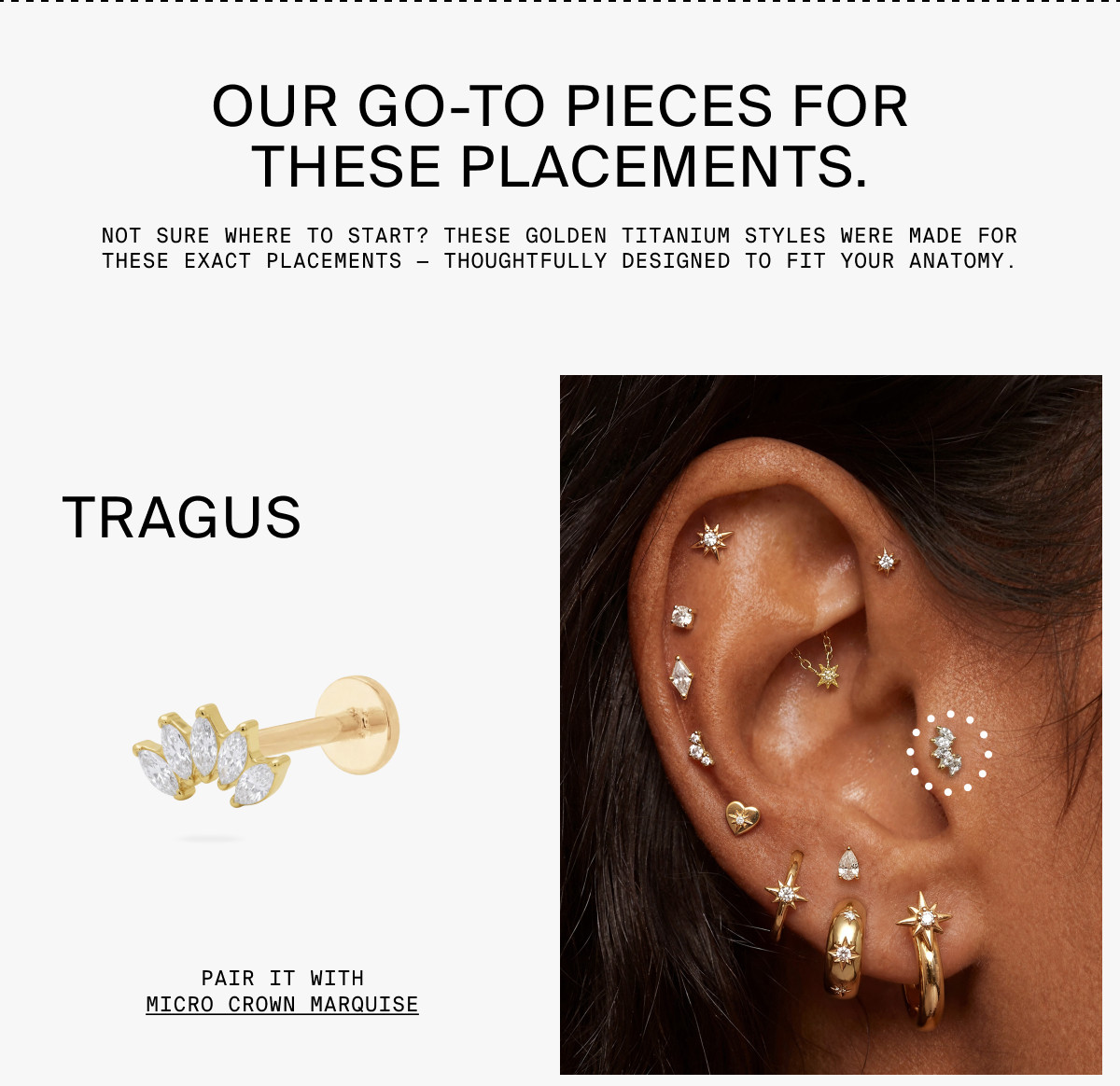 OUR GO TO PIECES FOR THESE PLACEMENTS. TRAGUS - MICRO CROWN MARQUISE