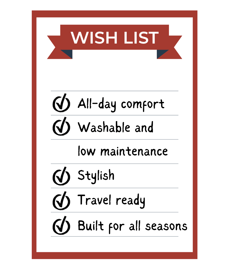 - All day comfort - Washable & Low Maintenance - Stylish - Travel Ready - Built for All Seasons