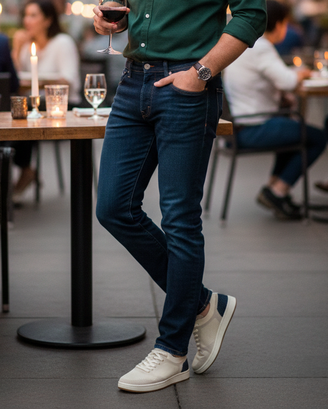 For Date Night -&nbsp; Dark denim and a crisp button-down to dress things up, without sacrificing comfort.