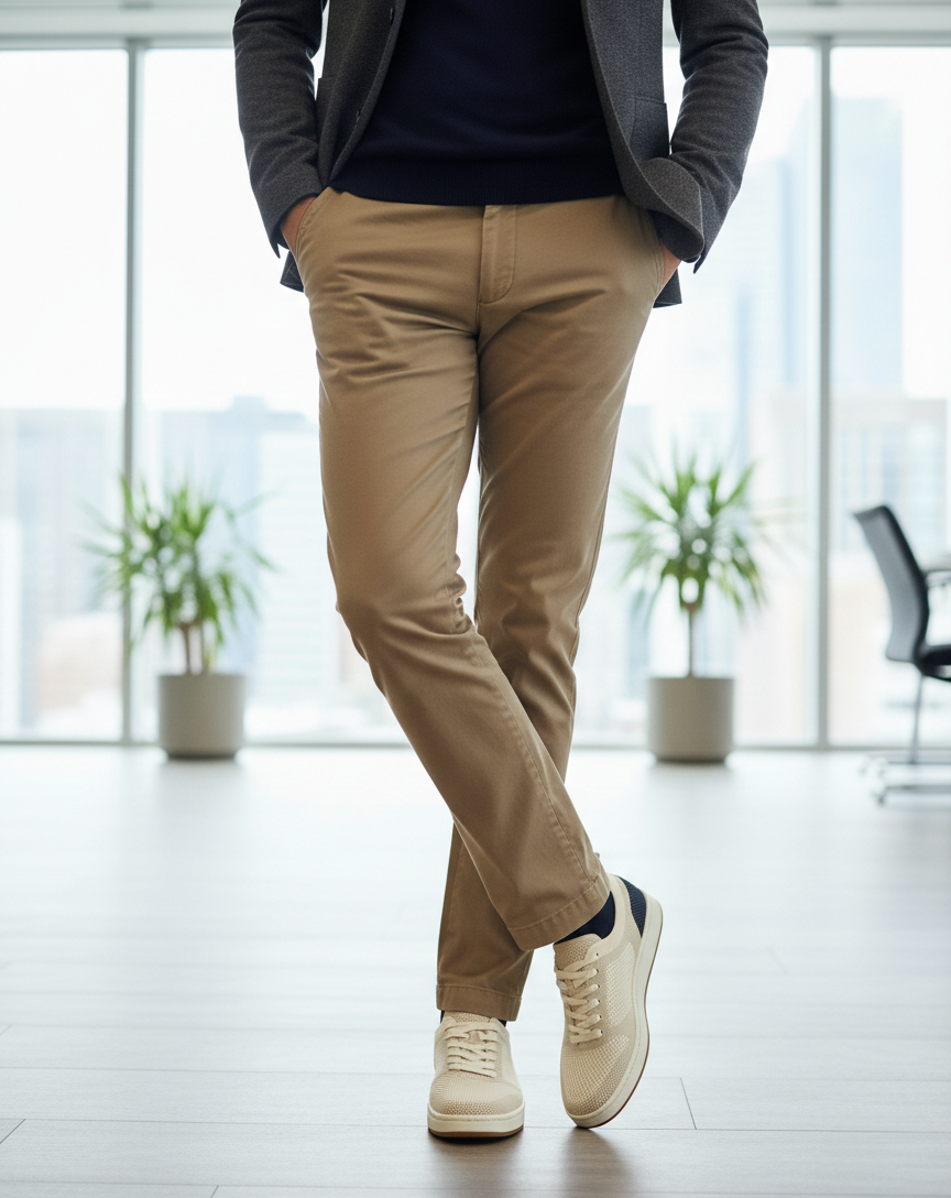 For Work Meetings -&nbsp; Chinos, a tailored shirt, and a blazer mean business, your shoes stylish and supportive.