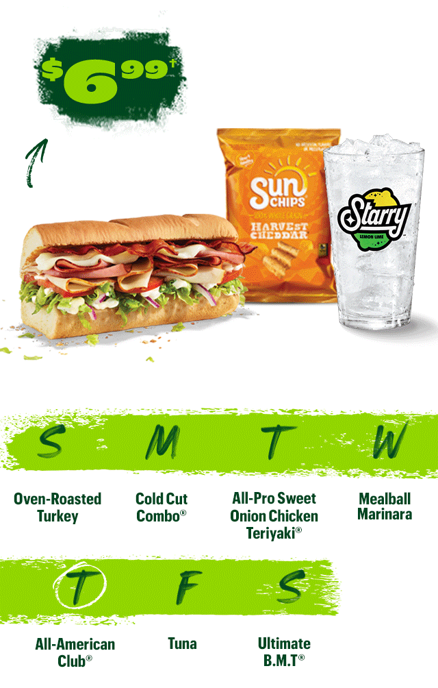 Subway® MVP Rewards exclusive: Meal of the Day. Order two meals of the day and score 100 bonus points.*