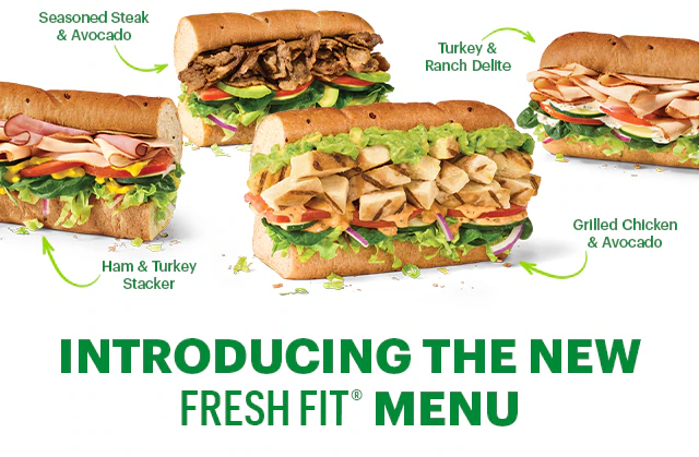 The new protein-packed sub, including Seasoned Steak & Avocado, Turkey & Ranch Delite, Ham & Turkey Stacker, and Grilled Chicken & Avocado. Text emphasizes a Fresh Fit menu with added protein and veggies. Below, a suggestion to make it a meal with Sun Chips and Pepsi. The tone is vibrant and inviting.