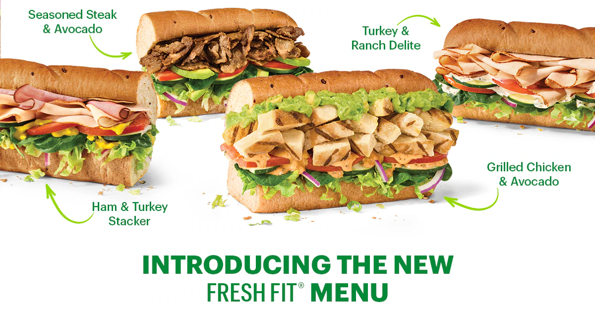 The new protein-packed sub, including Seasoned Steak & Avocado, Turkey & Ranch Delite, Ham & Turkey Stacker, and Grilled Chicken & Avocado. Text emphasizes a Fresh Fit menu with added protein and veggies. Below, a suggestion to make it a meal with Sun Chips and Pepsi. The tone is vibrant and inviting.