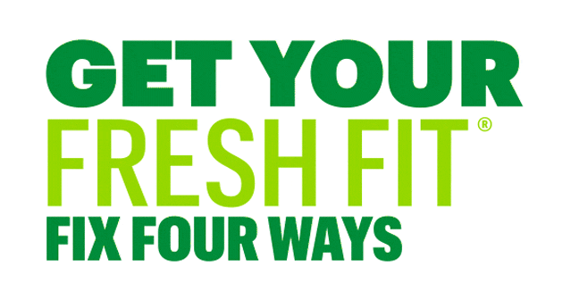 "Get your Fresh Fit® fix four ways." with a yellow arrow pointing from "GET YOUR" to "FIX FOUR WAYS".