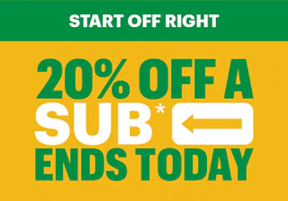 Promotional image offering 20% off a sandwich, ending today. Features "Order Today" button, discount code, and a sub on a checkered tablecloth.