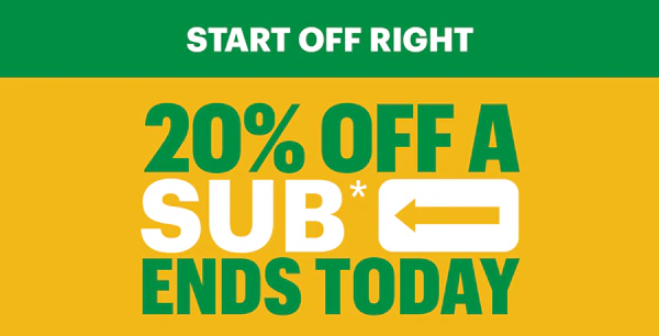 Promotional image offering 20% off a sandwich, ending today. Features "Order Today" button, discount code, and a sub on a checkered tablecloth.