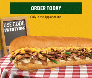 Promotional image offering 20% off a sandwich, ending today. Features "Order Today" button, discount code, and a sub on a checkered tablecloth.
