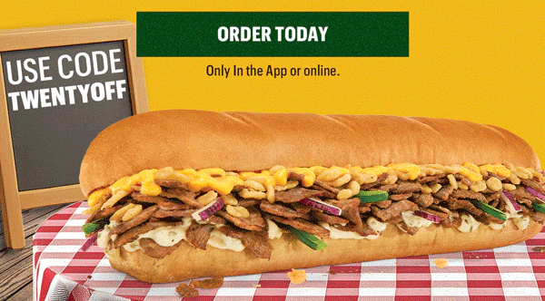 Promotional image offering 20% off a sandwich, ending today. Features "Order Today" button, discount code, and a sub on a checkered tablecloth.