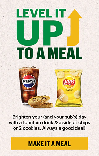 Advertisement for a meal deal featuring Pepsi, cookies, and Lay's chips. Text reads 'Level It Up to a Meal.' Button below says 'Make It a Meal.'