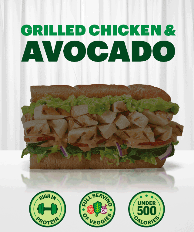 Grilled chicken and avocado sandwich on multigrain bread with veggies, highlighted as a Fresh Fit® option, under 500 calories, high protein, and full serving of vegetables.