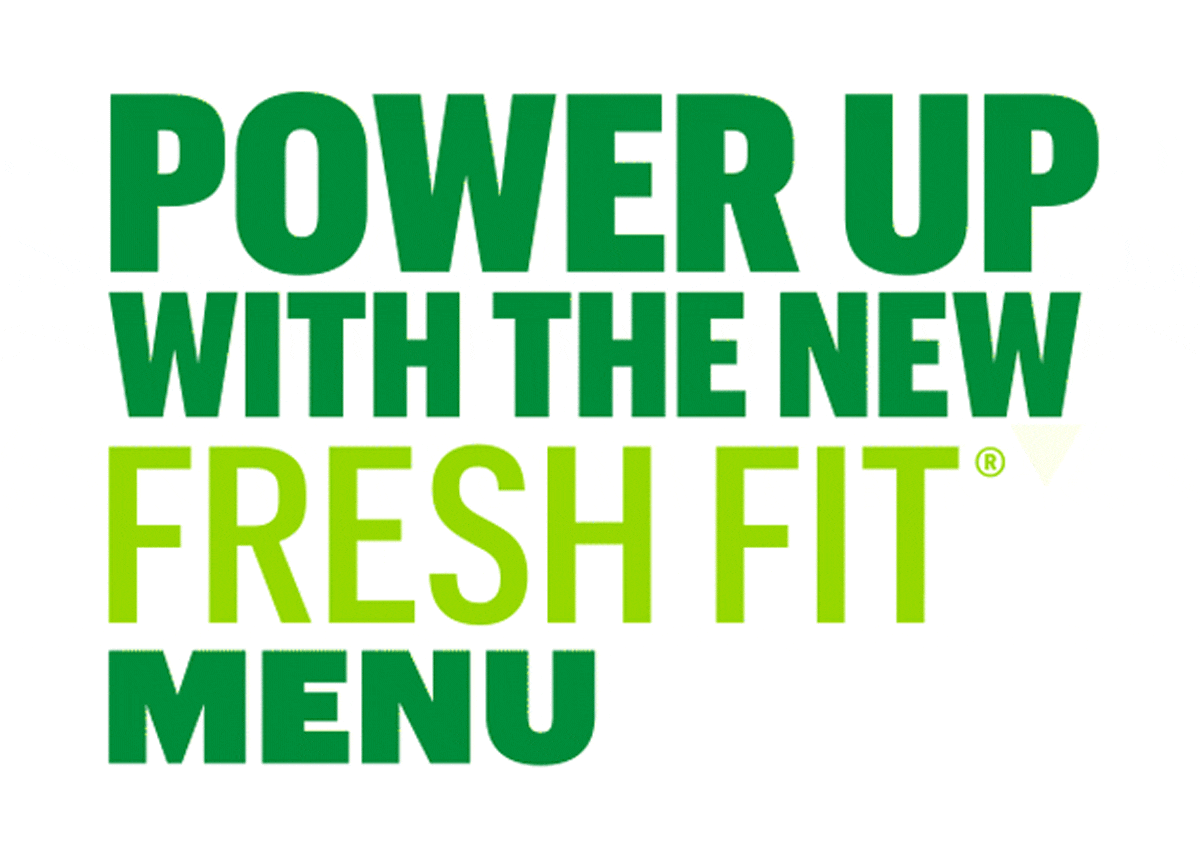 "Power up with the new Fresh Fit® Menu." with a yellow arrow pointing from "POWER UP WITH THE NEW" to "MENU"