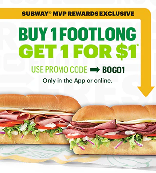 Subway® MVP Rewards features two footlong sandwiches filled with meats and vegetables. Offers a promotion: buy one, get one for $1 using code BOGO1.