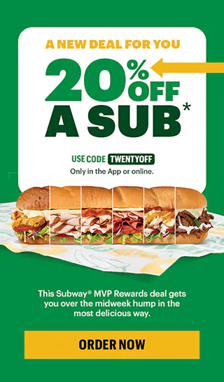 Promotional ad with text: '20% off a sub' using code 'TWENTYOFF'. Features an image of assorted subs on a sandwich wrapper. Bold and inviting.