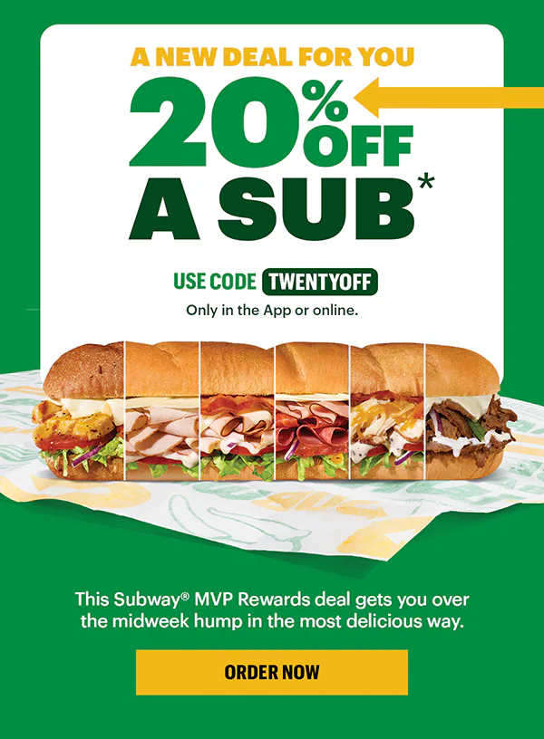 Promotional ad with text: '20% off a sub' using code 'TWENTYOFF'. Features an image of assorted subs on a sandwich wrapper. Bold and inviting.