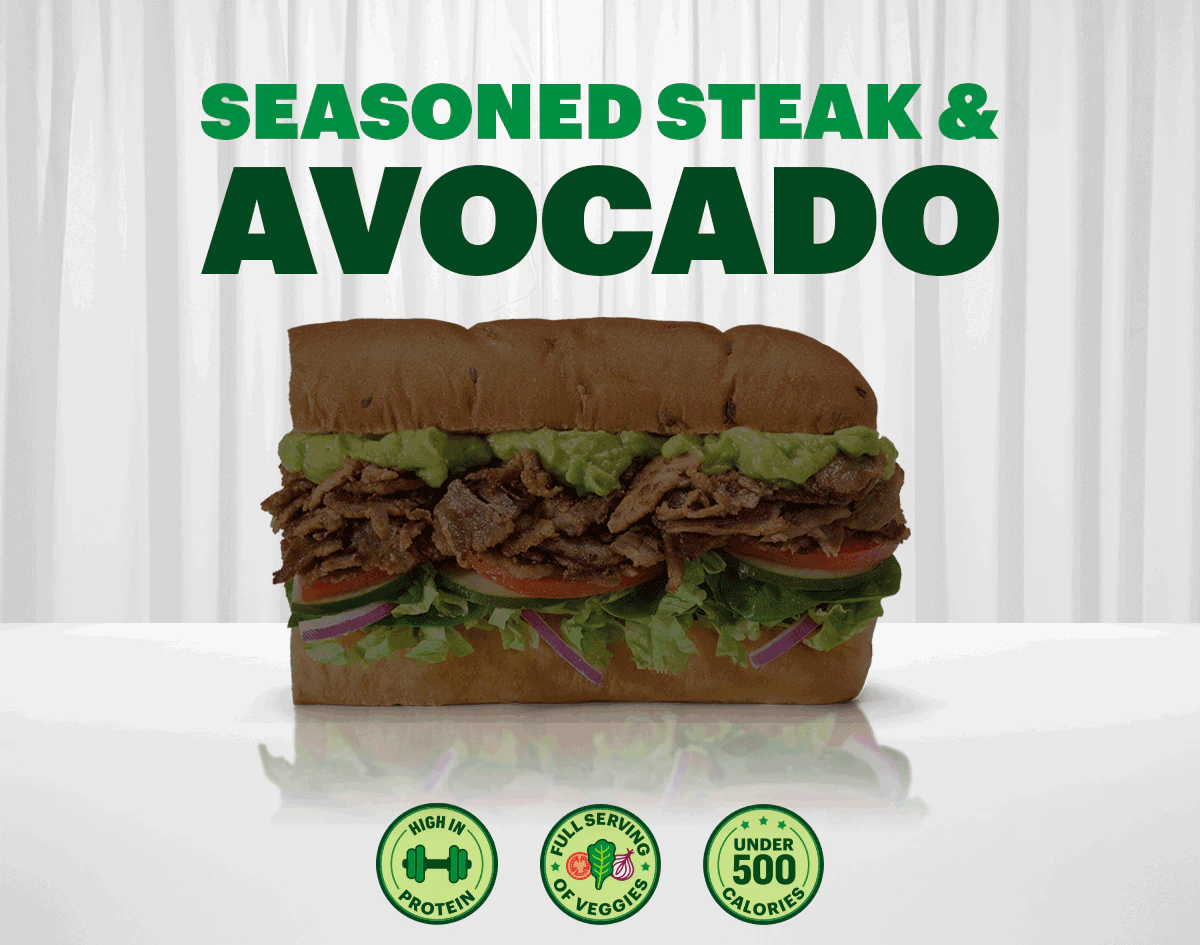 Advertisement for the new Fresh Fit® Seasoned Steak & Avocado 6-inch sub.