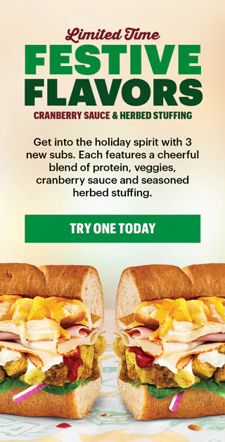 Promotional ad for the new Festive subs. Tone is warm and inviting, with an orange gradient background and a large image of one of the festive sandwiches.