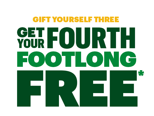 Promotional image for a Sub Club loyalty program. Text emphasizes getting your fourth footlong free, with a sub visuals. The program offers stamps for purchases, with three stamps earning a free footlong. Bright and engaging design with a focus on the quality and freshness of  Subway.