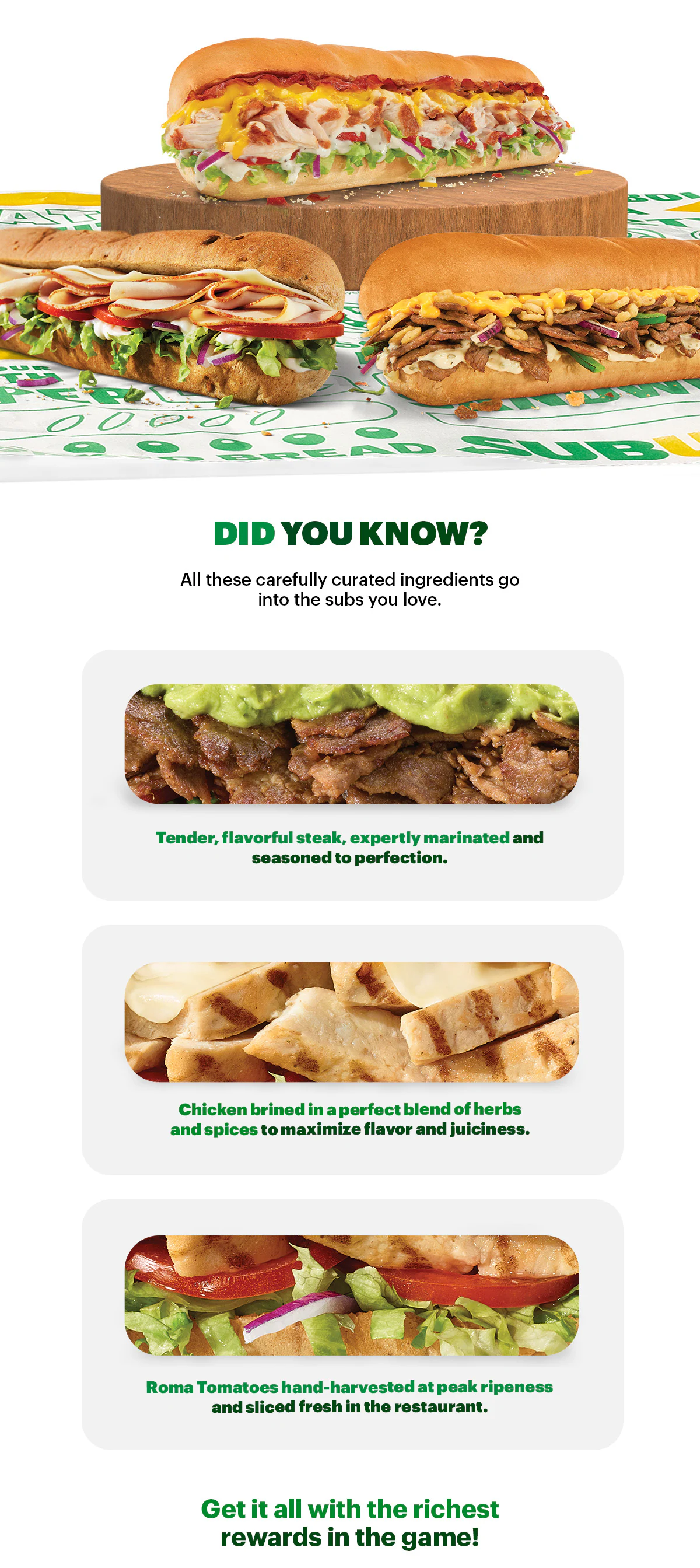 Promotional image for a Sub Club loyalty program. Text emphasizes getting your fourth footlong free, with a sub visuals. The program offers stamps for purchases, with three stamps earning a free footlong. Bright and engaging design with a focus on the quality and freshness of  Subway.