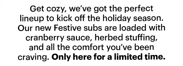 Promotional image for the new Festive subs. Text emphasizes the new subs, Festive Turkey, Turkhamken, and Chicken. The tone is friendly and inviting encouraging the guest to try the new Festive collection, with the theme geared toward the holidays.