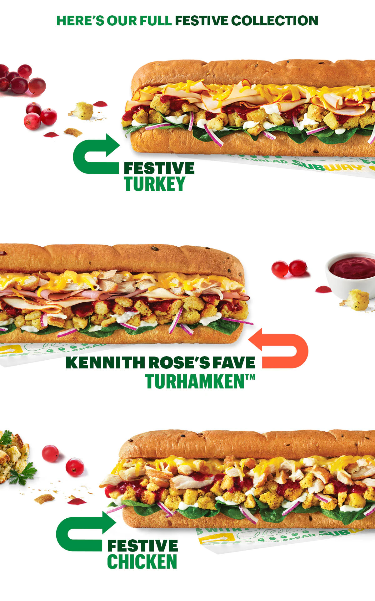 Promotional image for the new Festive subs. Text emphasizes the new subs, Festive Turkey, Turkhamken, and Chicken. The tone is friendly and inviting encouraging the guest to try the new Festive collection, with the theme geared toward the holidays.