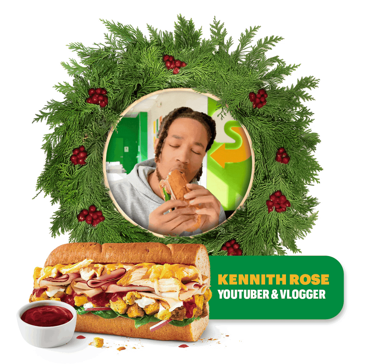 Promotional image for the new Festive subs. Text emphasizes the new subs, Festive Turkey, Turkhamken, and Chicken. The tone is friendly and inviting encouraging the guest to try the new Festive collection, with the theme geared toward the holidays.