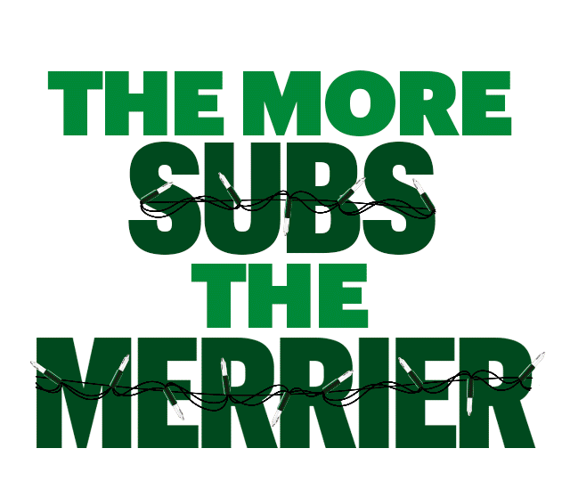 Promotional image for the new Subway rewards, Sub Club. The program offers stamps for purchases, one stamp equals one Footlong and a 6-inch equals half a stamp. The email promotes purchasing footlongs for the holiday season, to bring to your soirees and host in style. The image hosts a festive feel while highlighting different Subway subs and the Sub Club stamps.