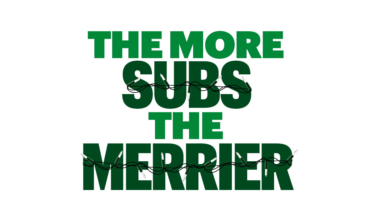 Promotional image for the new Subway rewards, Sub Club. The program offers stamps for purchases, one stamp equals one Footlong and a 6-inch equals half a stamp. The email promotes purchasing footlongs for the holiday season, to bring to your soirees and host in style. The image hosts a festive feel while highlighting different Subway subs and the Sub Club stamps.